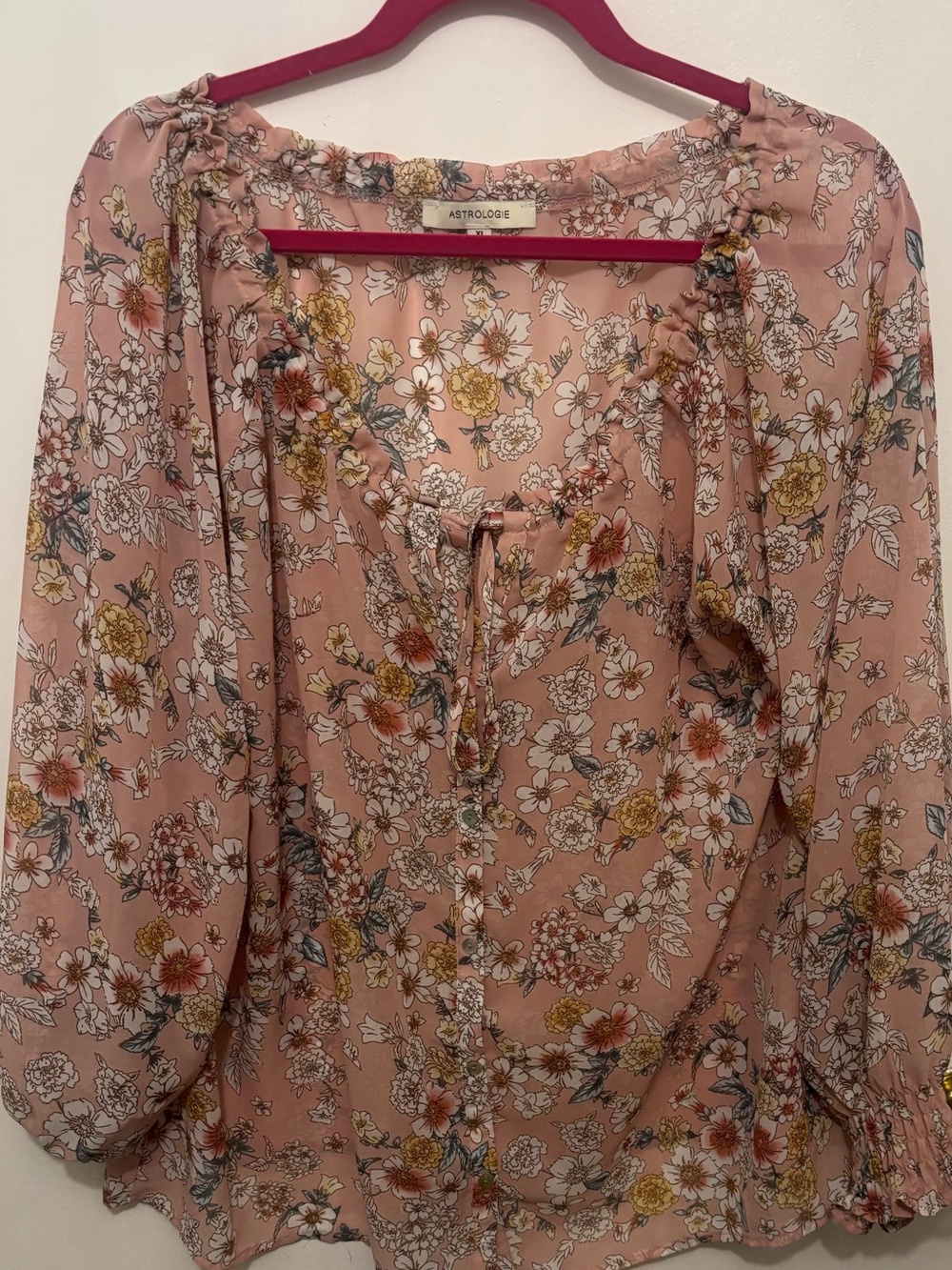 ASTROLOGIE  Floral Blush Pink Sheer Peasant Blouse